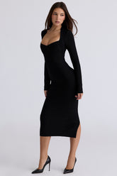 The Naomi-Black Long Sleeve Stretch Bandage Midi Dress