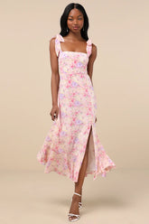 Summer Invite Pink Multi Floral Tie-Strap Tiered Midi Dress