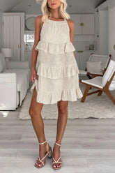 Halter Neck Tiered Cotton Linen Mini Dress