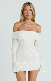 Off Shoulder Long Sleeve Fitted Dress in Ivory