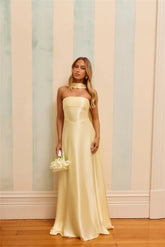 The Serina Strapless Satin Maxi Dress Yellow