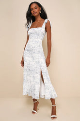 Summer Invite White and Blue Toile Tie-Strap Tiered Midi Dress