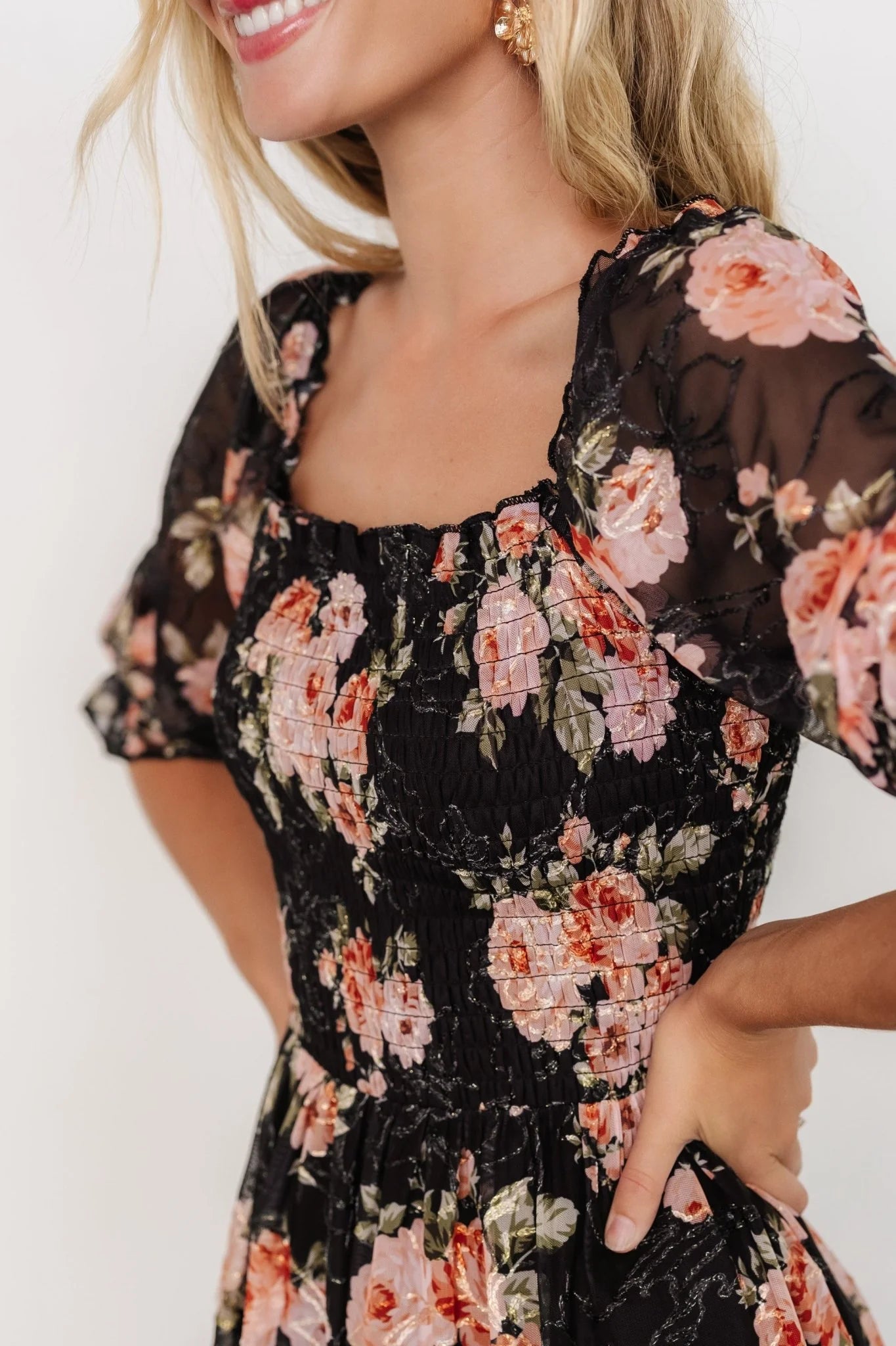 Fabian Jacquard Midi Dress | Peach + Black Floral