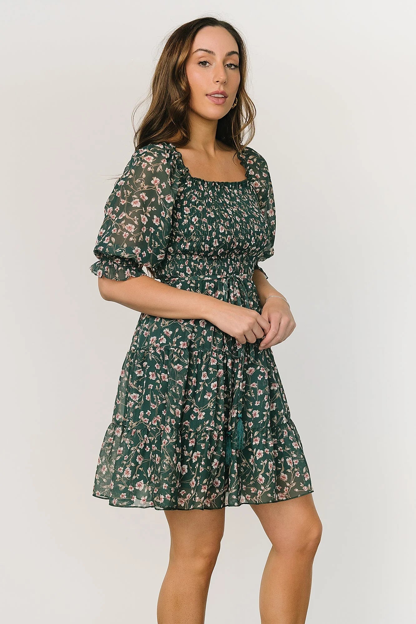 Azlyn Smocked Short Dress | Green + Pink Floral