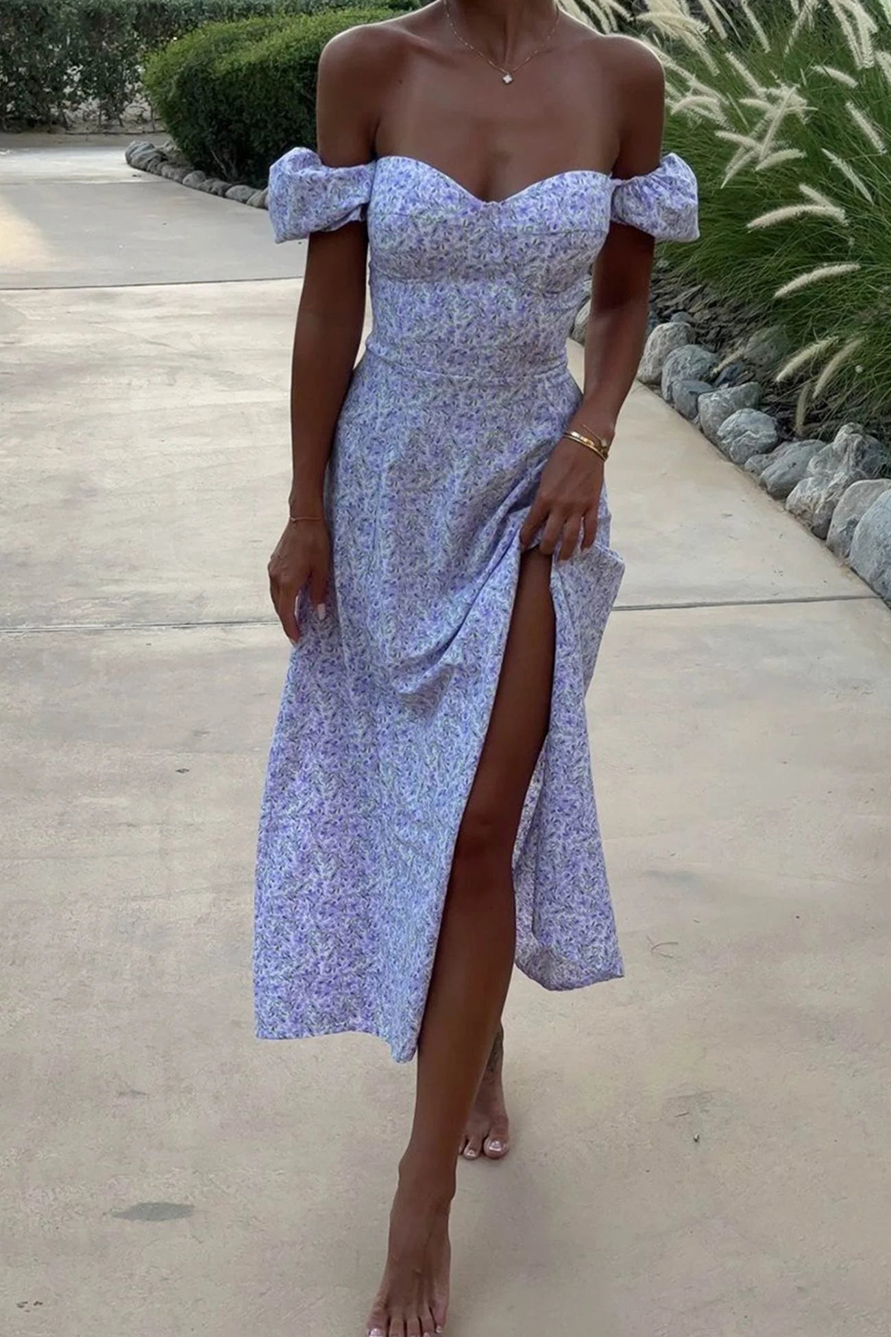 Floral Puff Sleeve Tie-back Slit Dress