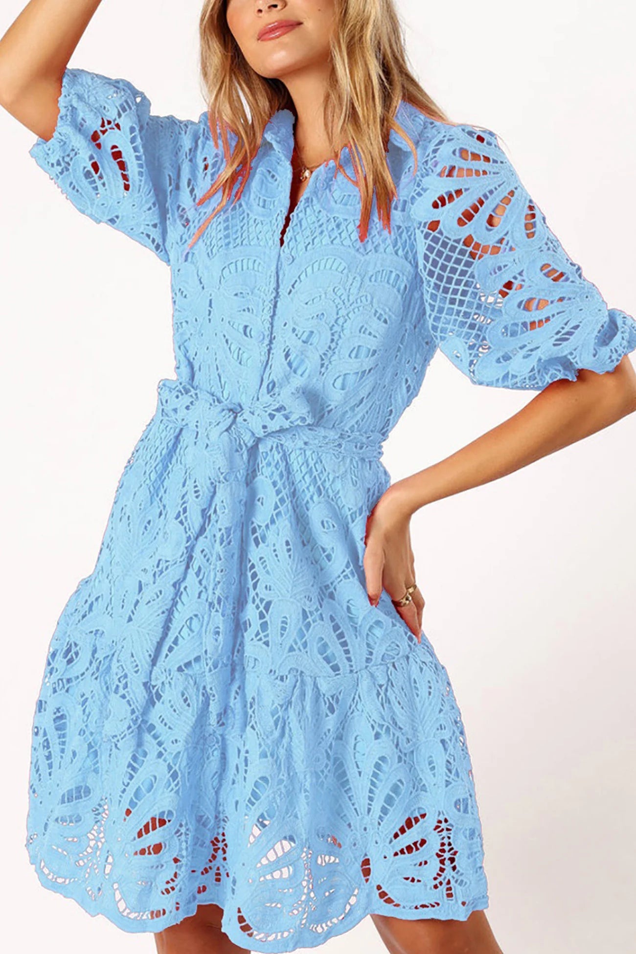 Lace Half Sleeve Tie-up Mini Dress