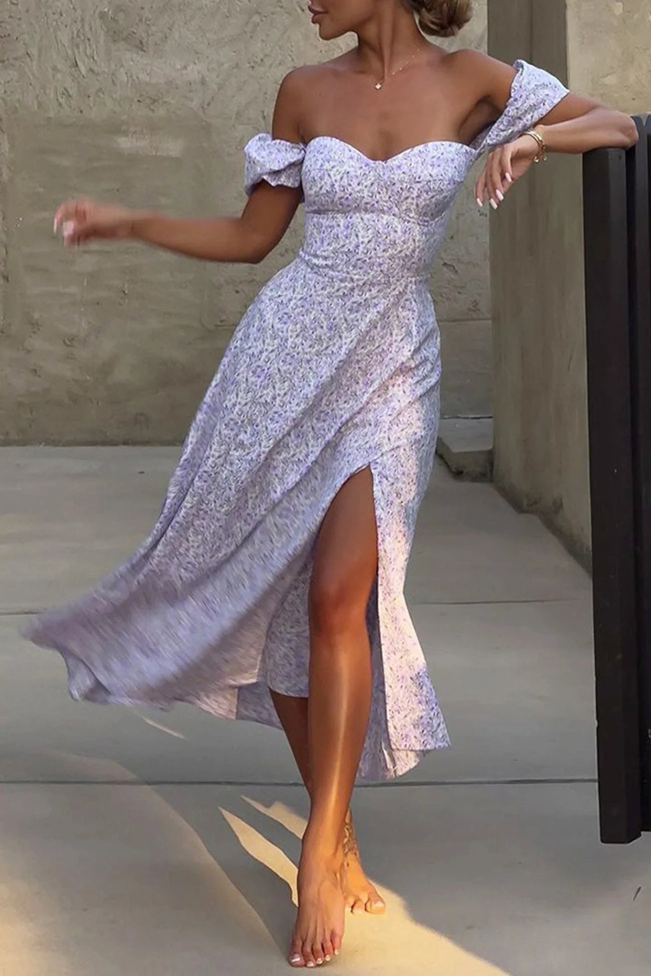 Floral Puff Sleeve Tie-back Slit Dress