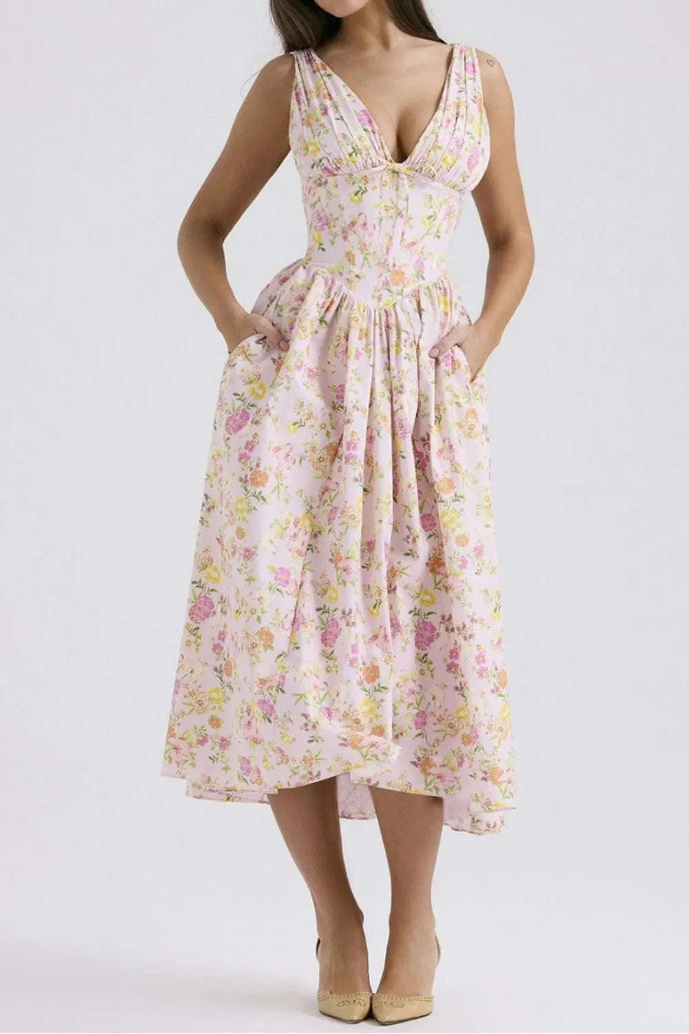 Floral V-Neck Sleeveless Midi Dress with Pockets
