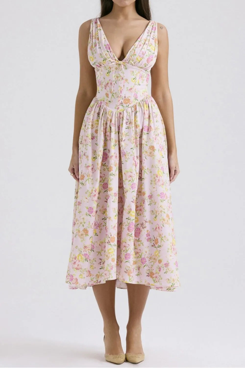 Floral V-Neck Sleeveless Midi Dress with Pockets