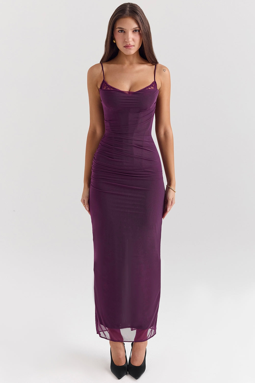 Nalini-Grape Mesh Corset Maxi Dress