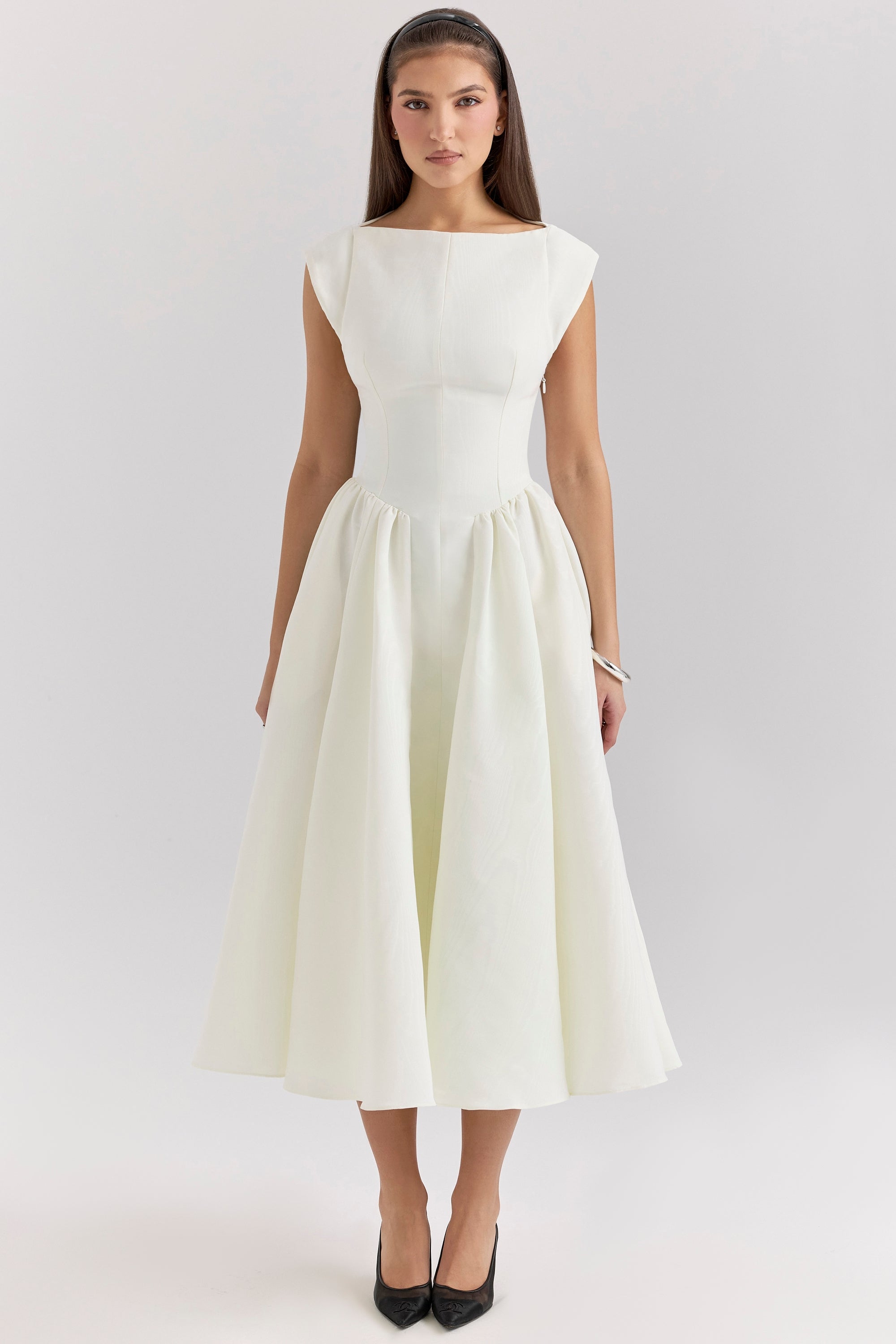 Debutante-Ivory Moire Satin Midi Dress