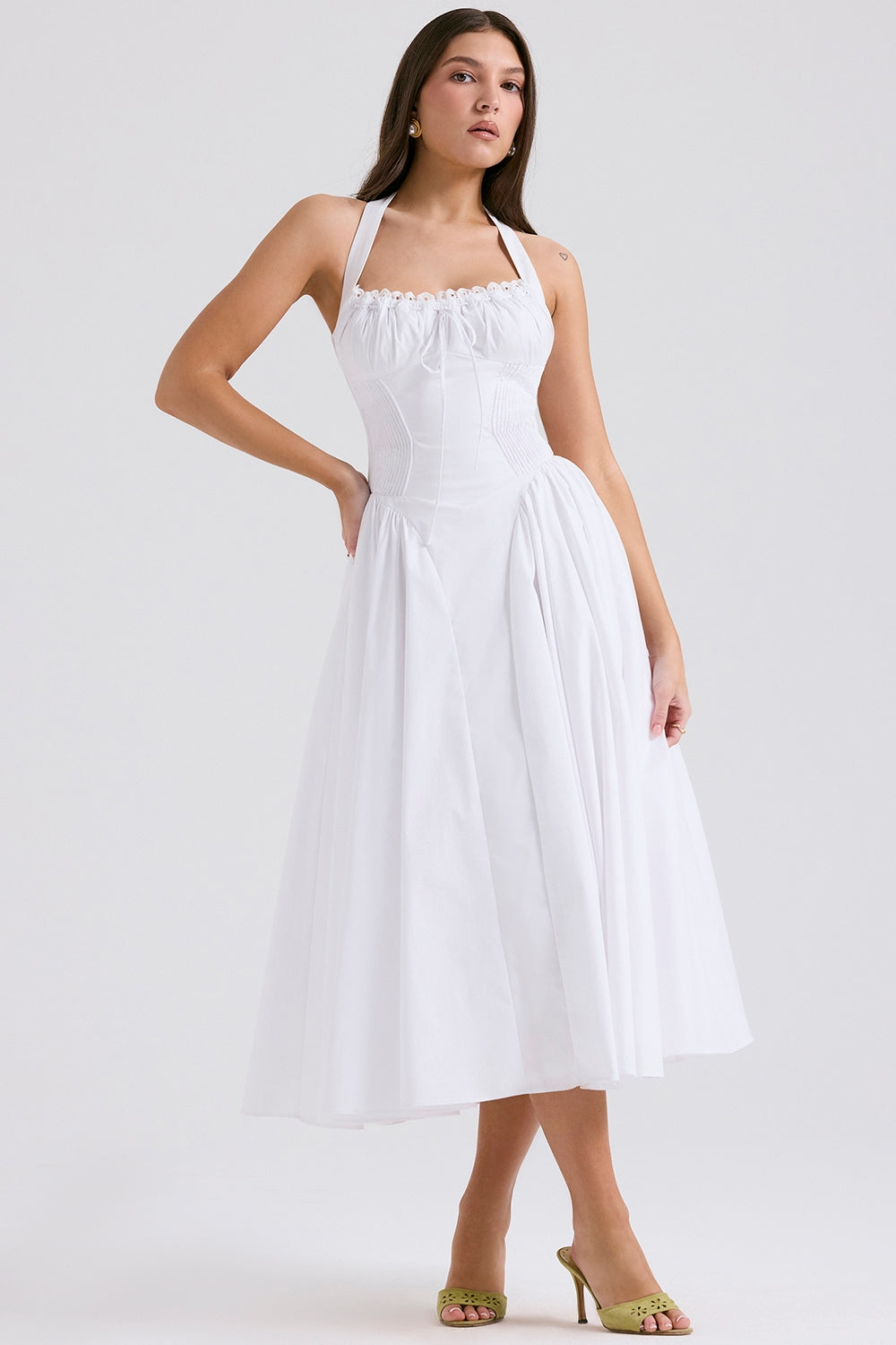 Adabella-White Cotton Halter Sundress