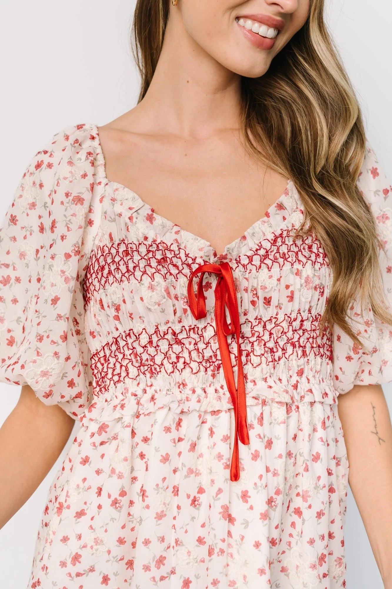 Hollie Smocked Dress | Cream + Red Floral