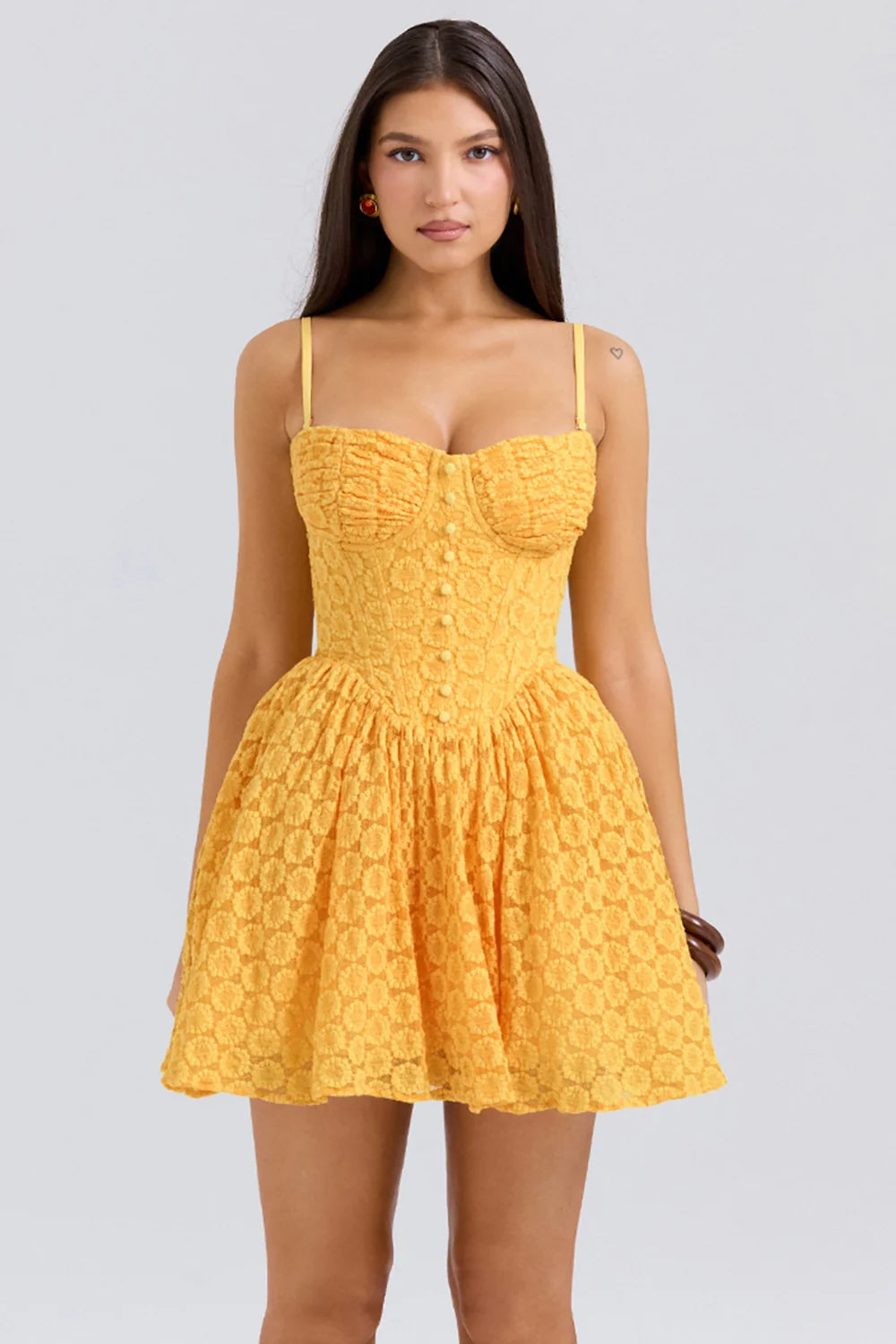 Apricot Lace Corset Mini Dress - Yellow