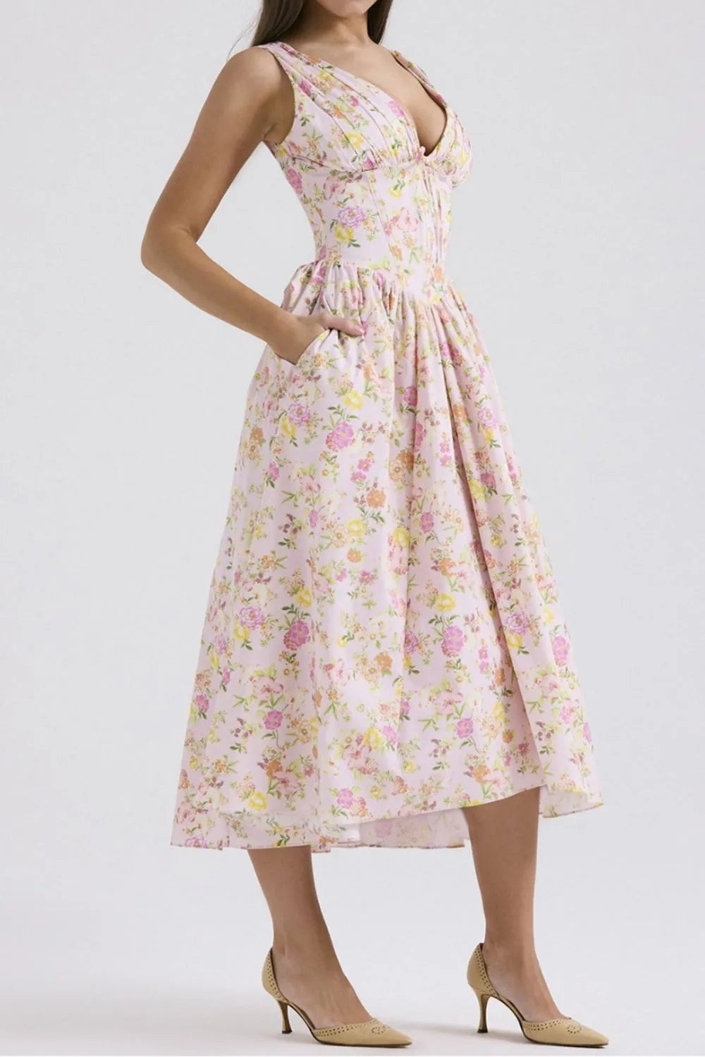Floral V-Neck Sleeveless Midi Dress with Pockets