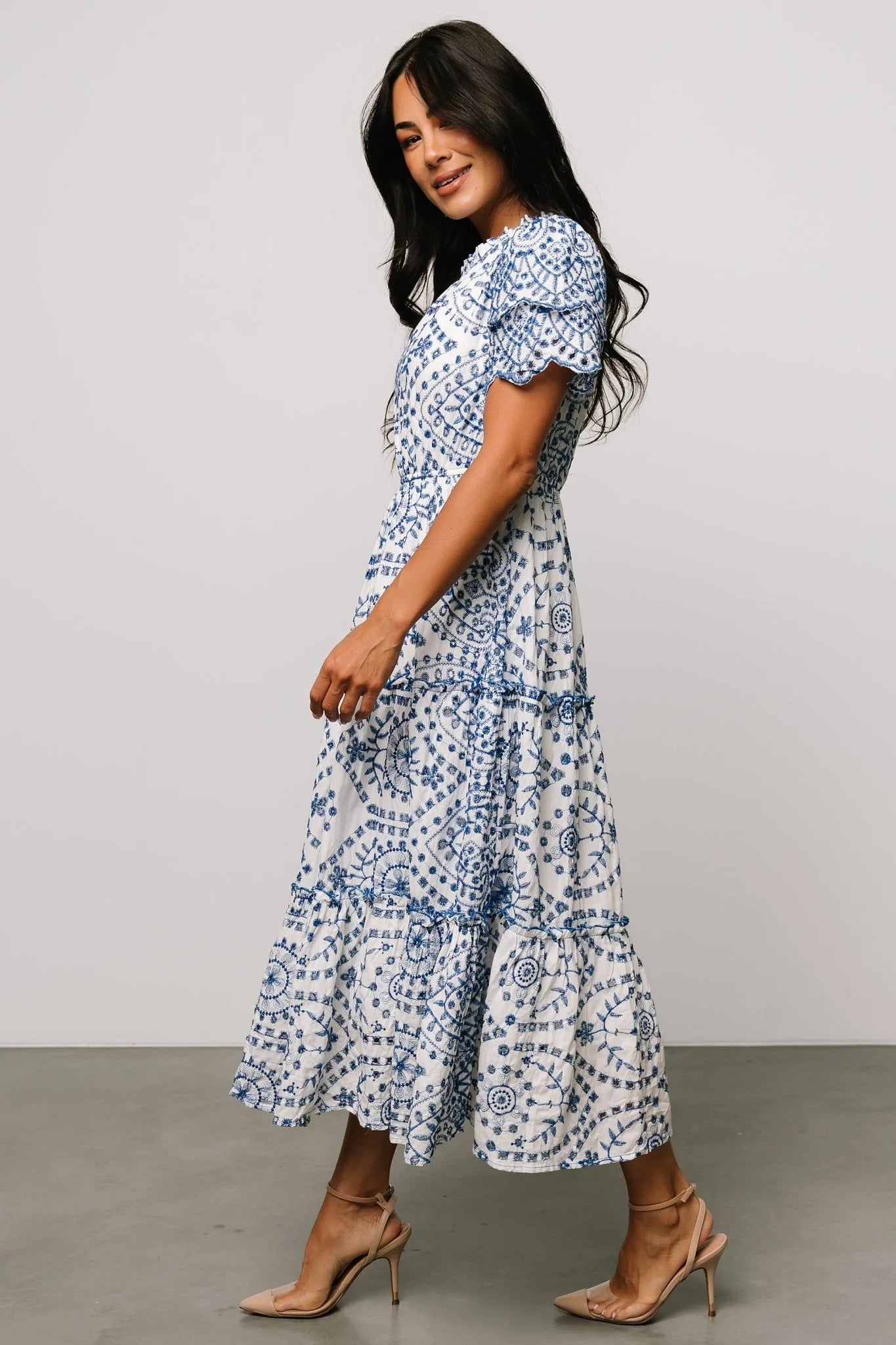 Mirabel Eyelet Midi Dress | White + Blue