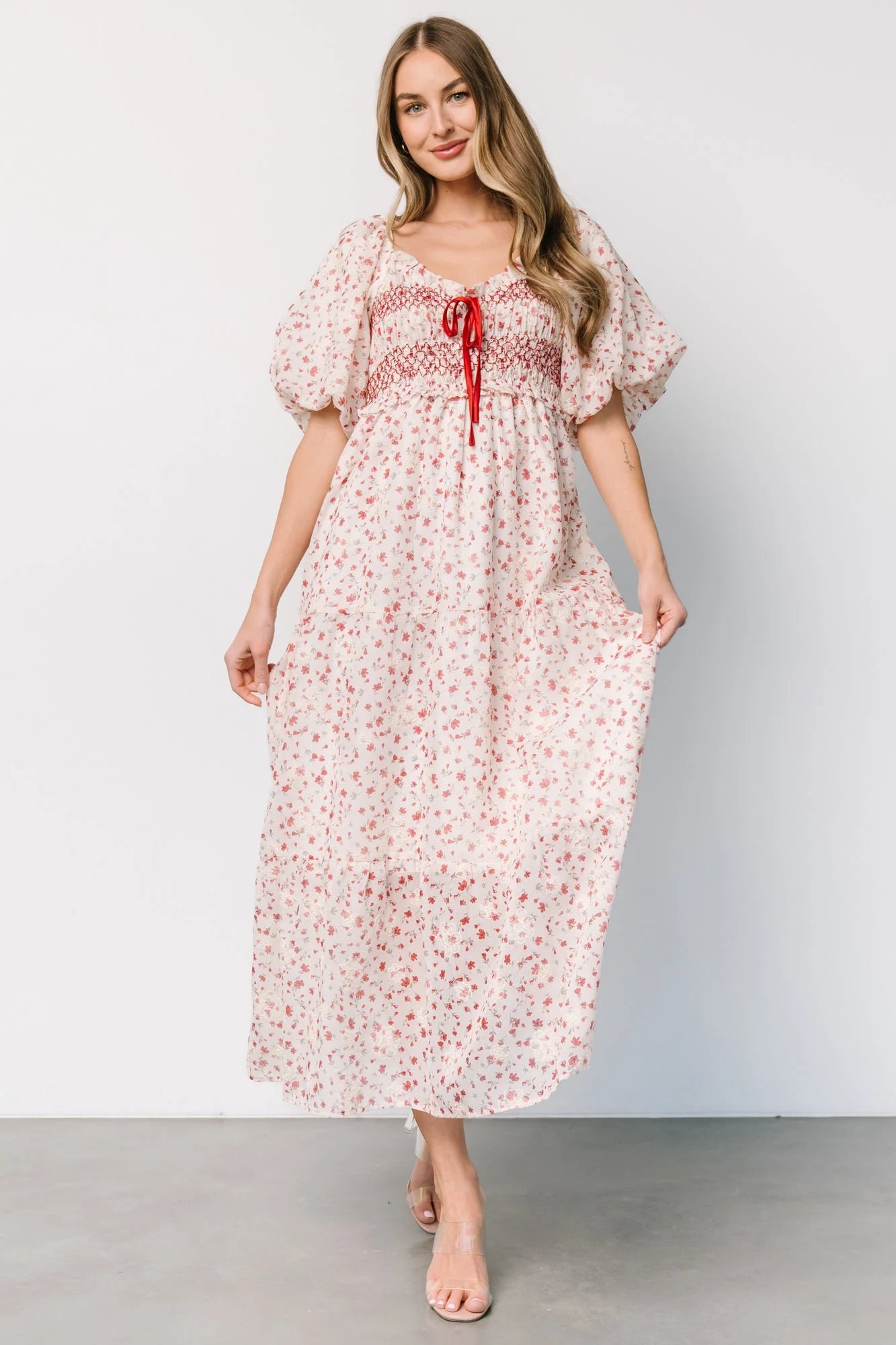 Hollie Smocked Dress | Cream + Red Floral
