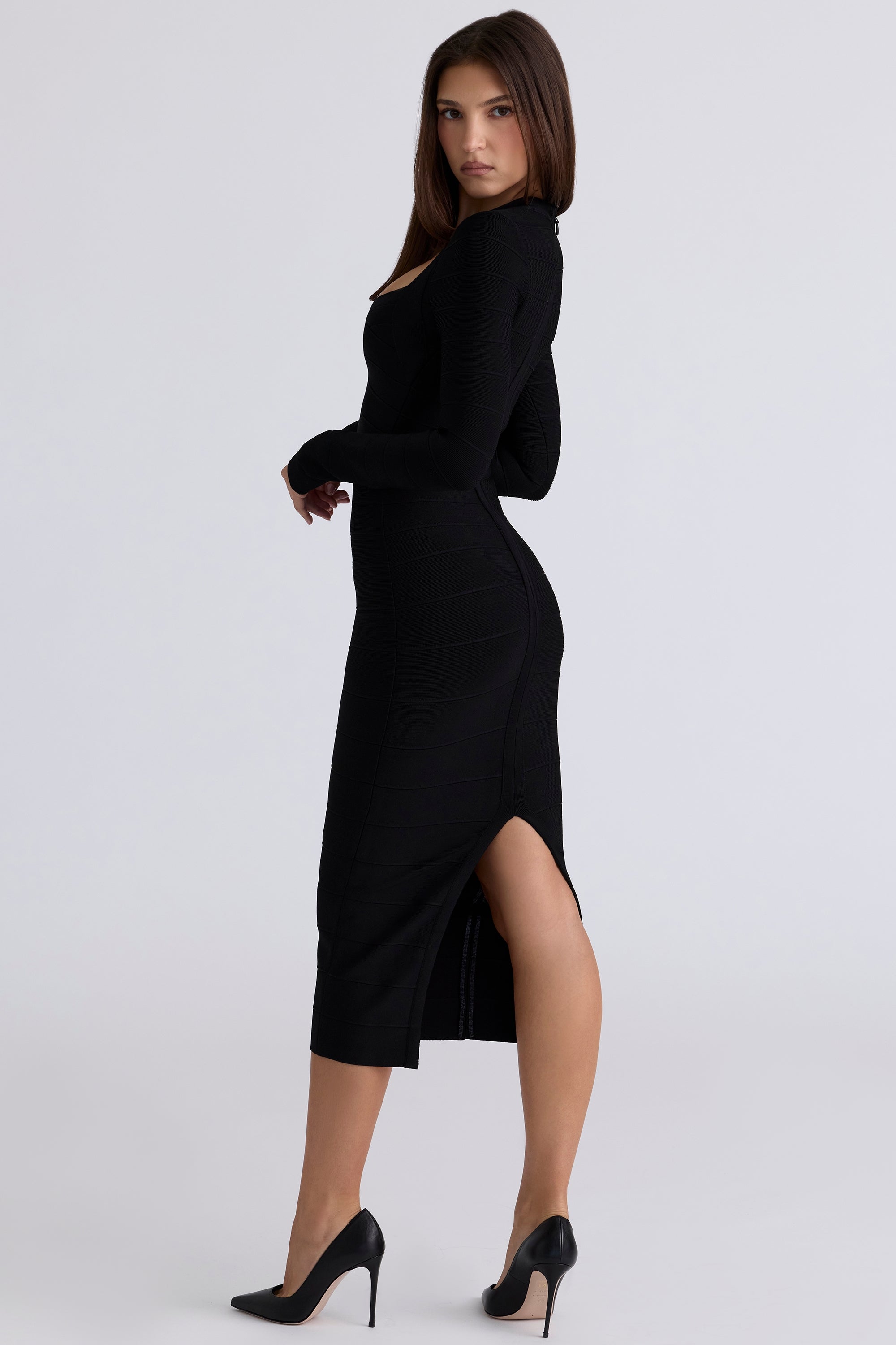 The Naomi-Black Long Sleeve Stretch Bandage Midi Dress