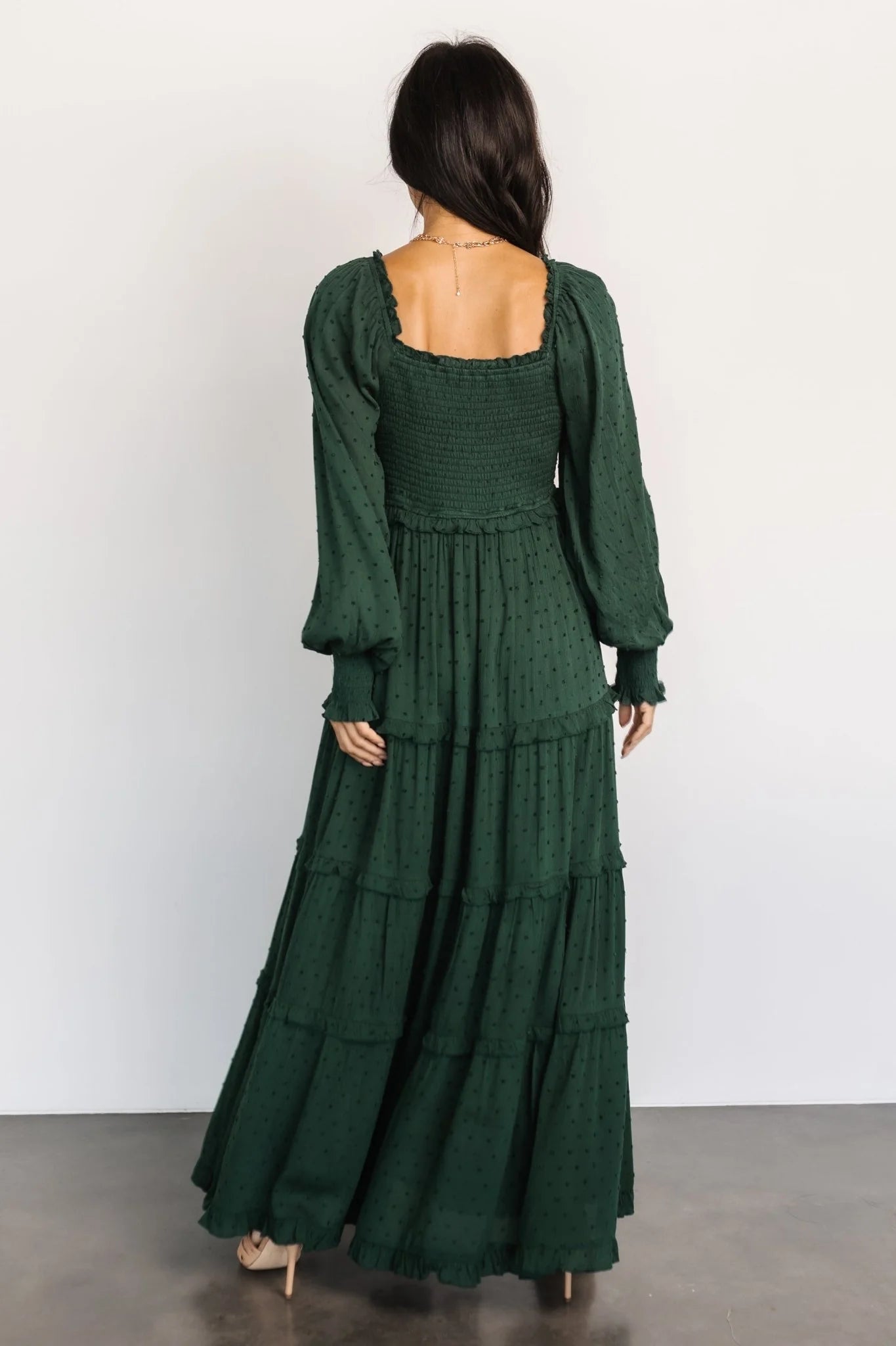 Amanda Smocked Dotted Maxi Dress | Evergreen