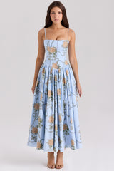 Ysabella-Blue Vintage Rose Print Cotton Midi Sundress