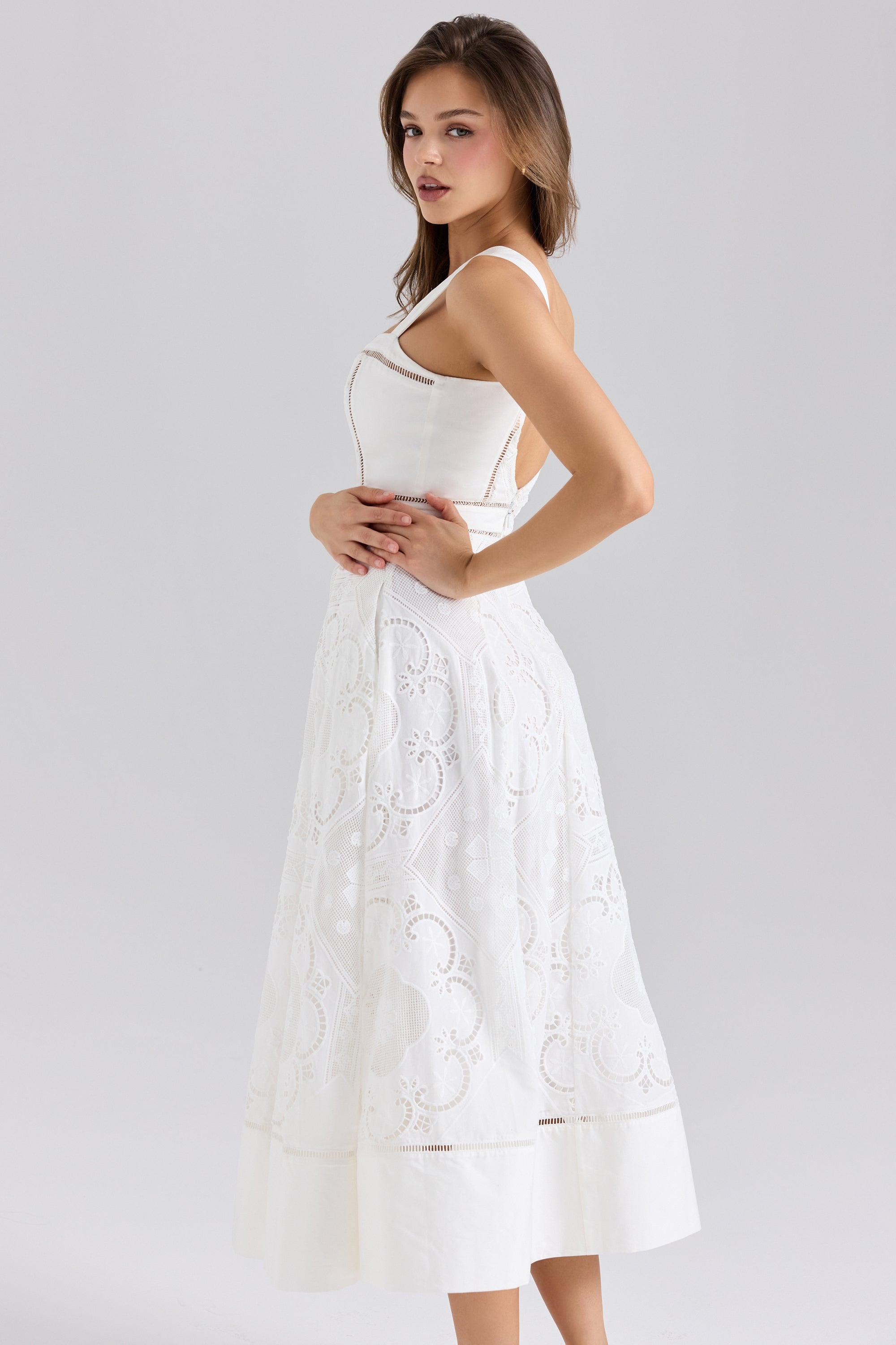 Ava-White Stretch Cotton Broderie Anglaise Midi Dress