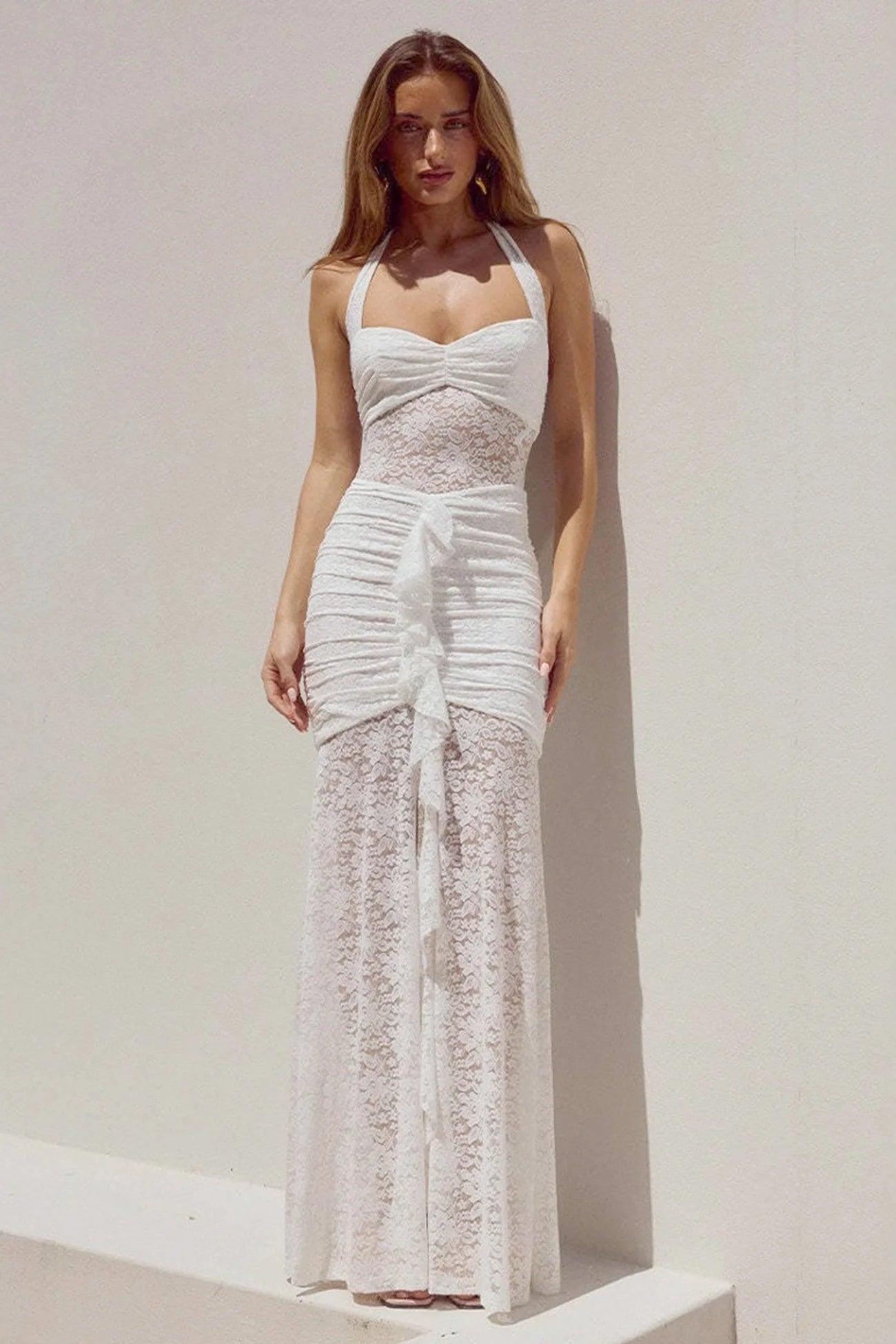 Halterneck Lace Patchwork Ruched Dress