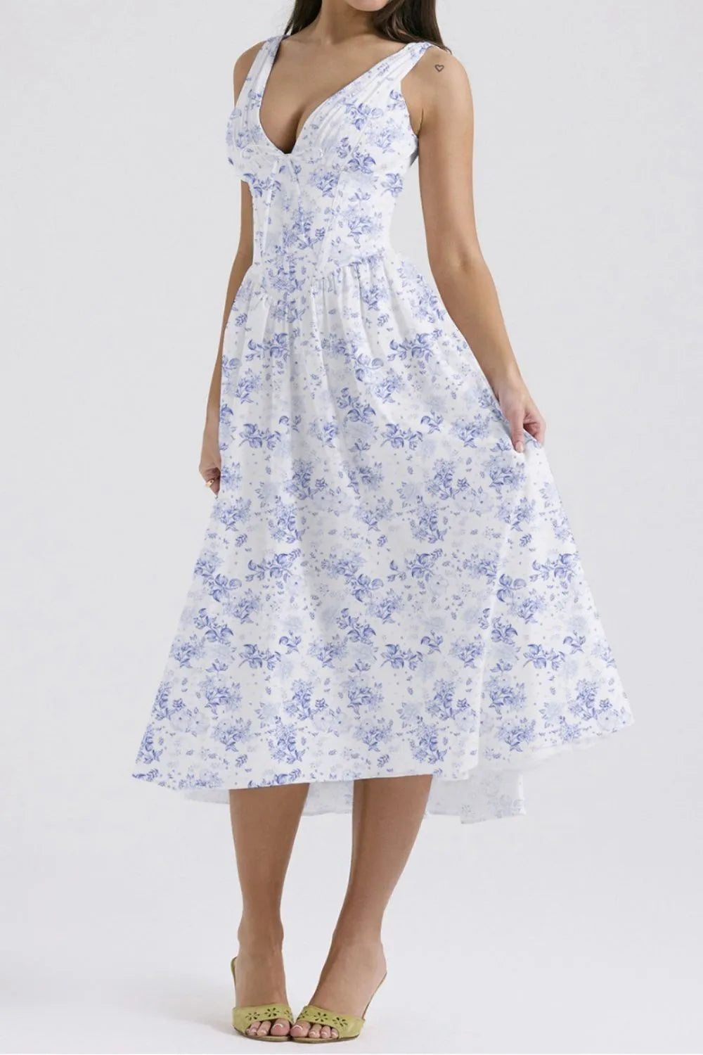 Floral V-Neck Sleeveless Midi Dress with Pockets