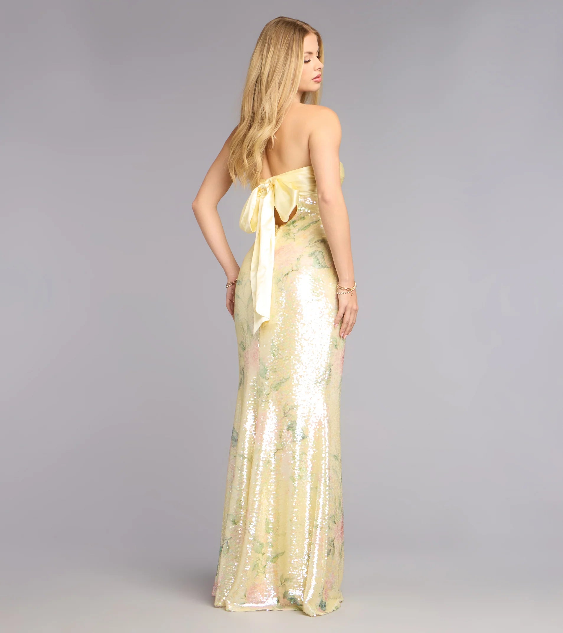Angelina Satin Tie-Back Floral Sequin Formal Dress