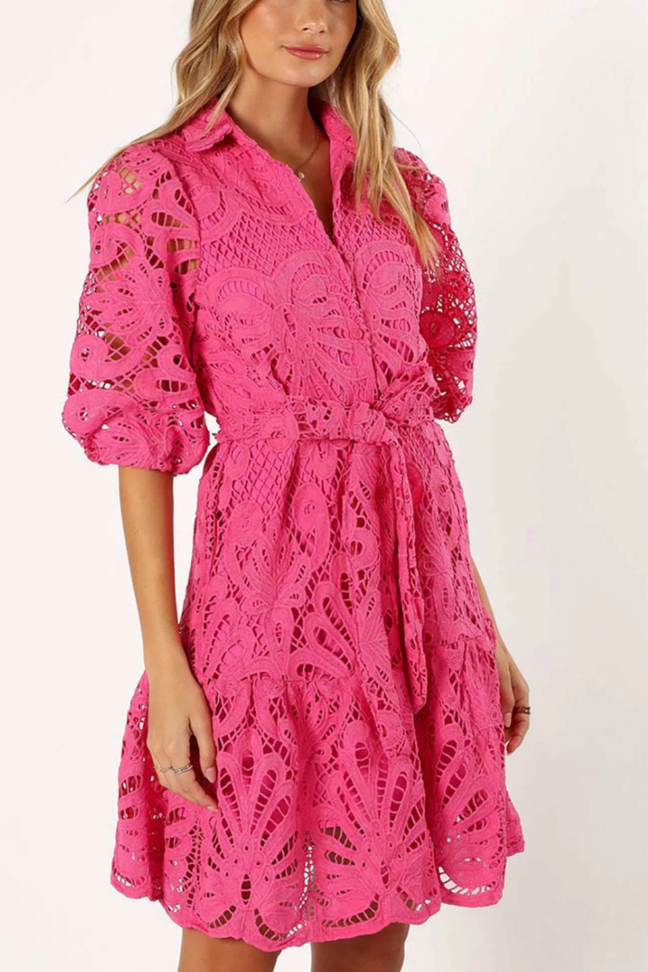 Lace Half Sleeve Tie-up Mini Dress