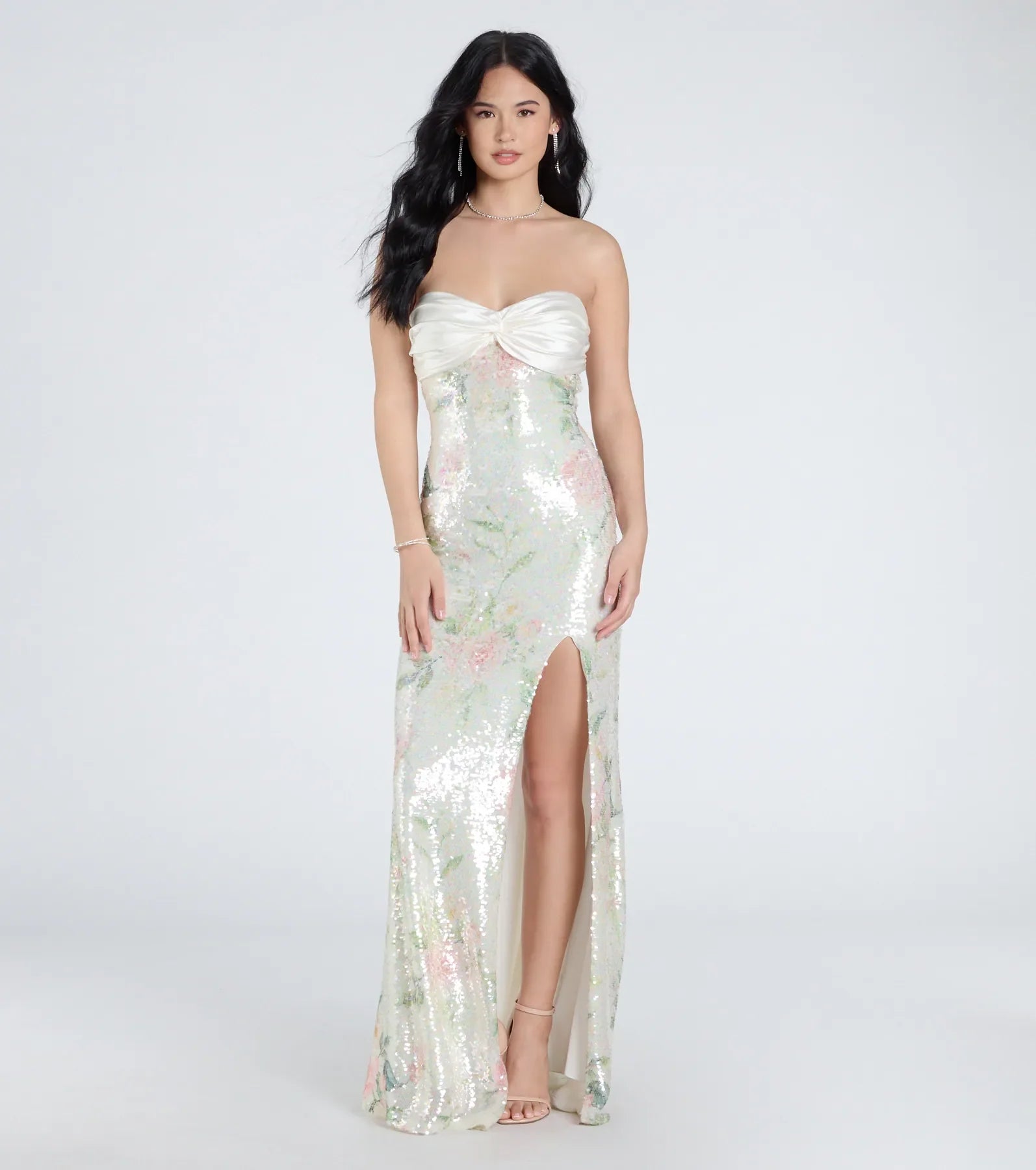 Angelina Satin Tie-Back Floral Sequin Formal Dress