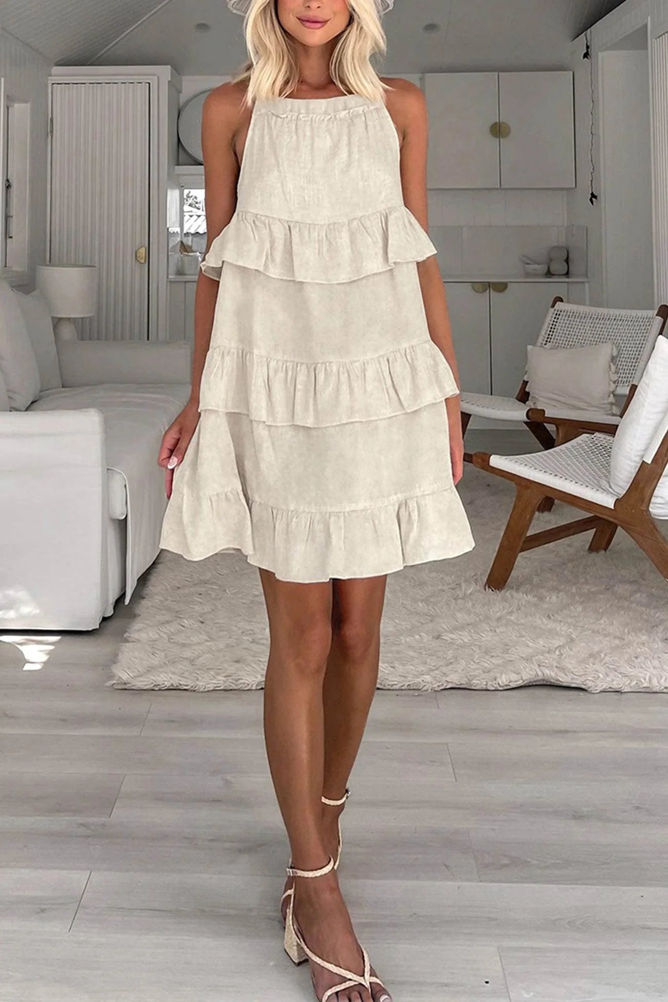 Halter Neck Tiered Cotton Linen Mini Dress