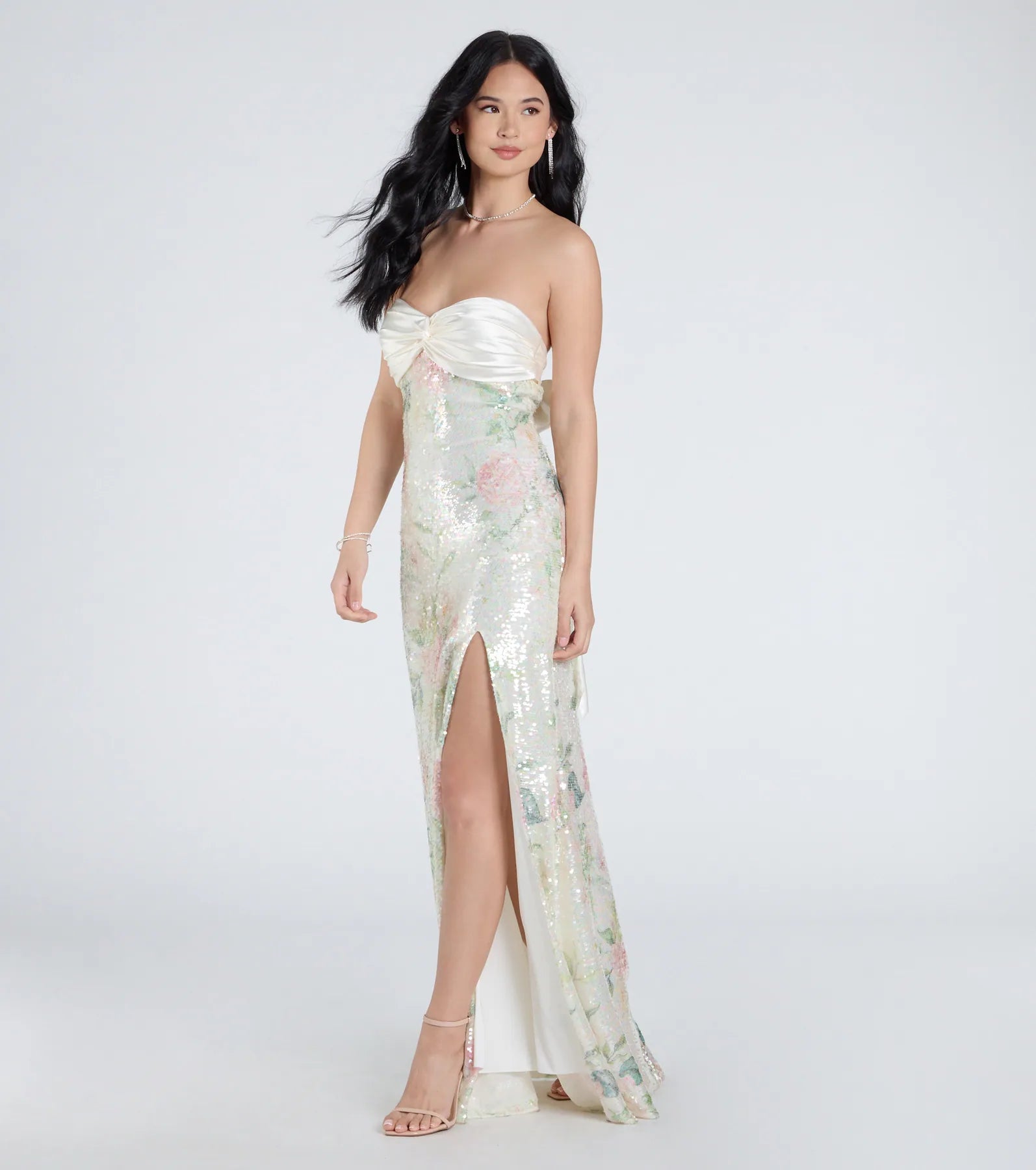 Angelina Satin Tie-Back Floral Sequin Formal Dress